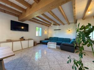 a living room with a blue couch and a tv at La maison d'Artzamendi in Louhossoa