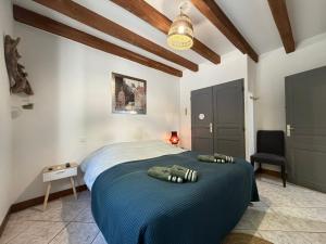 a bedroom with a large bed with a blue blanket at La maison d'Artzamendi in Louhossoa