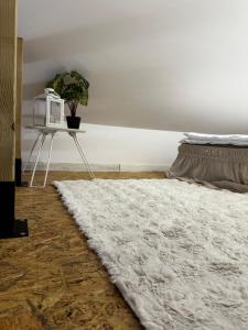a bedroom with a white bed and a white rug at Apartament Bydlino in Bydlino