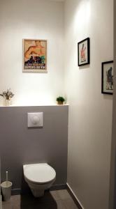 a bathroom with a toilet and a picture on the wall at Maison de la Craffe in Francs +20 photos
