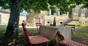 a table with a bottle of wine and two chairs at Maison de la Craffe in Francs
