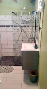 a bathroom with a sink and a shower with a mural at Cocon Kréyòl in Sainte-Anne