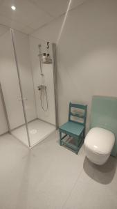a bathroom with a toilet and a green chair at Signegarden Bismo in Skjåk +8 photos