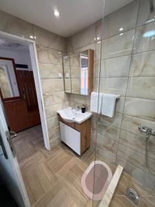 a bathroom with a sink and a glass shower at Deskom Stan na dan in Despotovac +9 photos