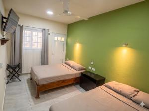 a room with two beds and a television in it at Casa Caribe in Bacalar