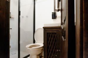 a bathroom with a toilet and a shower at Hotel La Antigua Express in San Cristóbal de Las Casas