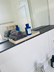 a shelf with towels and a mirror in a bathroom at Schonekind Appartement Soest in Soest +5 photos
