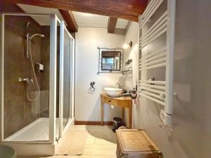 a bathroom with a glass shower and a sink at Le Doux Nid in Chanaz +20 photos