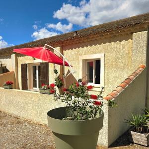 a house with a red umbrella and a plant at Le HERON in Arles