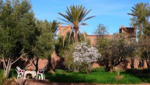 two chairs in a garden with trees and a building at Kasbah d'hotes ayad in Moulay Brahim