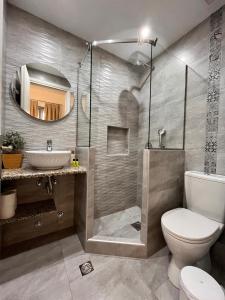 a bathroom with a shower and a toilet and a sink at Anemos Studios in Adamantas