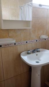 a bathroom with a white sink and a mirror at Temporario Avenida in Rafaela