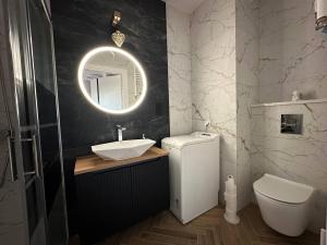 a bathroom with a sink and a toilet and a mirror at Baltic Porto M66 in Gdańsk