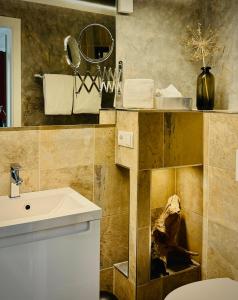 a bathroom with a sink and a mirror at Aparthotel Flughafen Leipzig in Freiroda +77 photos