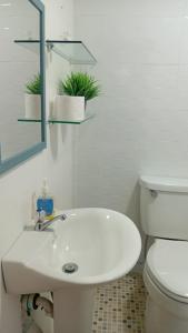 a bathroom with a white toilet and a sink at Residencial De Rosas in Santiago