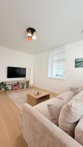 a living room with a couch and a tv at Apartamentai Trakų centre in Trakai