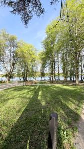 a gravestone in a park with trees in the background at Apartamentai Trakų centre in Trakai