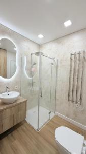 a bathroom with a shower and a toilet and a sink at Apartamentai Trakų centre in Trakai +9 photos