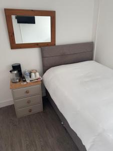 a bedroom with a bed and a mirror and a nightstand at The Dublin Packet Double Room Number 8 in Holyhead