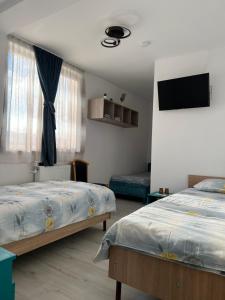 a bedroom with two beds and a flat screen tv at Sale&Pepe in Faraoaní