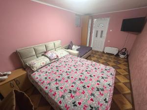a bedroom with a bed with a pink wall at Vikendica Bakino krilo in Železnička Stanica Apatin