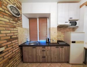 a kitchen with a sink and a refrigerator at Cozy apartment in Jeruzalė in Vilnius