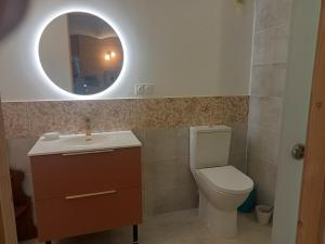 a bathroom with a toilet and a sink and a mirror at Gîte Le Pic Epeiche in Saint-Roman +14 photos