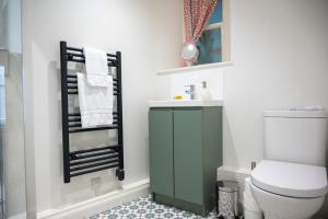 a bathroom with a green cabinet next to a toilet at Squirrel Away Apartments in Crieff +55 photos