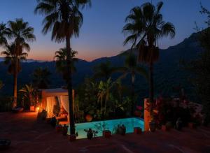 a person sitting in a tent next to a pool with palm trees at DDG Retreat in Casares +67 photos