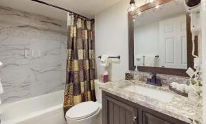 a bathroom with a sink and a toilet and a bath tub at The Safari Lodge in Osage Beach
