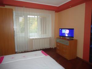 a bedroom with a bed and a television on a dresser at Studio on Vandy Vasylevskoi 8 in Kyiv