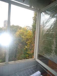 a window in a room with a view of trees at Studio on Vandy Vasylevskoi 8 in Kyiv