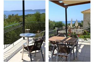 two pictures of a table and chairs on a balcony at Fairway Villas in Gialova