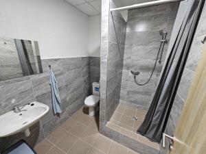 a bathroom with a shower and a sink and a toilet at JOPEL ubytovanie v súkromí in Slovenské ďrmoty +9 photos
