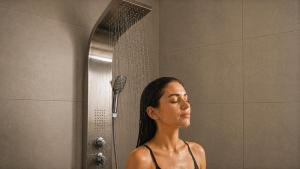 a woman standing in front of a shower at Orama Studios in Plakias +23 photos