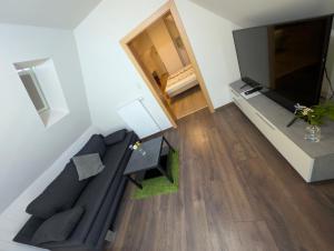 a living room with a couch and a large television at Ferienhaus Grabenhansl in Stubenberg