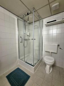a bathroom with a glass shower and a toilet at Hotel de Zwaan in Schoondijke +28 photos