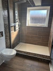 a bathroom with a shower with a toilet and a window at Augustenhof Ferien in Nordborg +20 photos