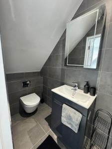 a bathroom with a toilet and a sink and a mirror at Ultra cozy in Brookmans Park