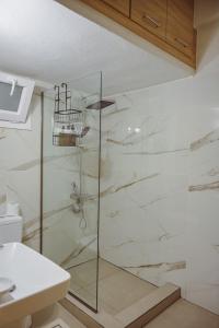 a glass shower in a bathroom with a sink at Datidis Urban Nest in Komotini