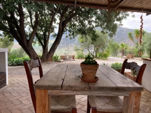 a wooden table with a potted plant on a patio at Casa del Sueño - Casitas met uitzicht in Alora