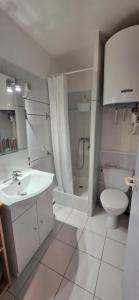 a bathroom with a sink and a toilet and a shower at Calme et indépendant avec clim, wifi et parking - 2e étage sans ascenseur in Canet-en-Roussillon