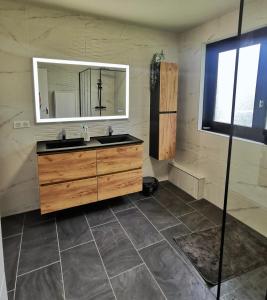 a bathroom with a sink and a mirror at Calme entre pins et océan in Onesse-et-Laharie +10 photos