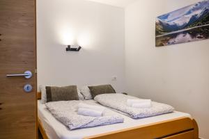 a bed with two pillows on it in a room at Apartmaji Tinta in Kanal