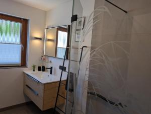 a bathroom with a shower and a sink and a mirror at Kunst am Marktplatz in Niederwerrn +19 photos