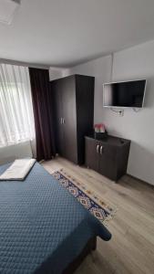 a bedroom with a bed and a flat screen tv at Casa AVA 2 Mai in 2 Mai