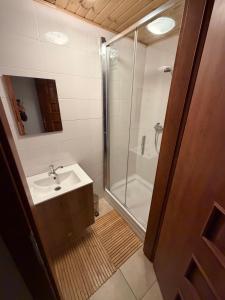 a bathroom with a shower and a sink at Kaštieľ Fričovce in Fričovce +39 photos