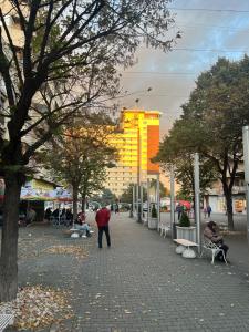 a person walking down a sidewalk in a park at Astra Residence Ultracentral in Ploieşti