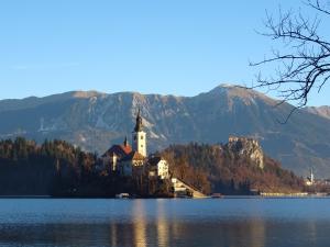 a church on an island in the middle of a lake at Life Hostel Slovenia in Radovljica