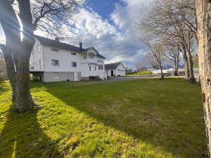 a large white house with a tree in the yard at Sjøveien 43 in Vestvågøya
